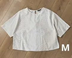 【美品】ZARA ザラ　カットワーク刺繍入りブラウス ホワイト Mのサムネイル