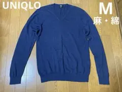 ユニクロ　セーター　リネン　綿　Vネック　ネイビー　薄手　メンズ　M