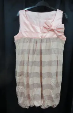 未使用 ボーダー バルーン ミニワンピース ラメ リボン ピンク 336