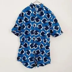 オールドネイビー シャツ ボタンダウン 半袖 魚柄 S 青 綿 海 レジャー