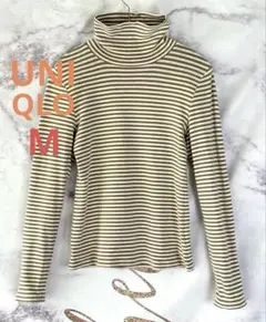ユニクロ コットンメインタートルネック長袖Tシャツ ベージュ系ストライプ M相当