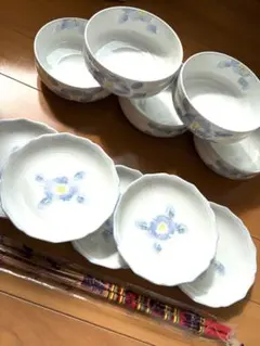 有田焼　一珍牡丹　小鉢小皿セット　陶器和食器10セット菜箸付き　未使用品