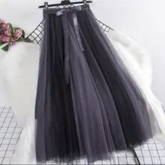 チュールロングスカート グラデーション グレー×ブラック プリーツスカート