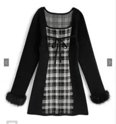 新品　タグ付き　チェック柄ファーリボンニットワンピース[lt169]