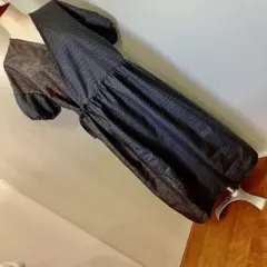 大島紬　紺色縞柄×花柄　mixカシュクール風　半袖　ワンピース　着物リメイク