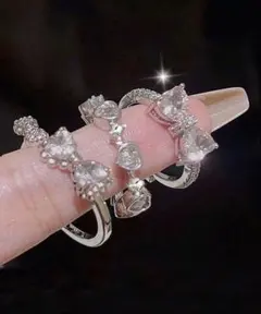 リボン・ハートデザインリング3点セット　フリーサイズ