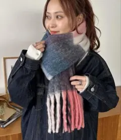 ディスコート　グラデーションチェックマフラー フリンジ付き