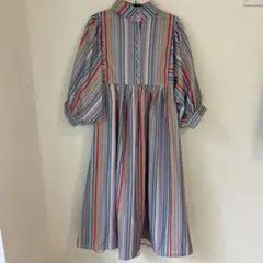 ストライプ 長袖 ポワン袖 詰襟 シャツワンピース