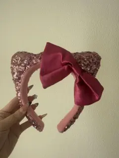 ピンク 猫耳カチューシャ リボン付き