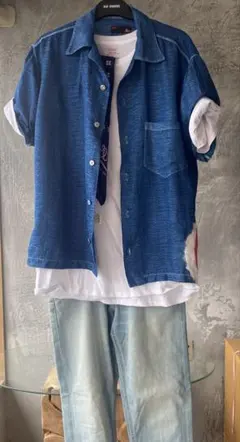 【極美品　シルエット良】夏インディゴ染　半袖シャツ　藍染　L アロハのサムネイル