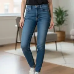 美品 ユニクロ UNIQLO ストレートデニム M 青 ハイウエスト ポケット付