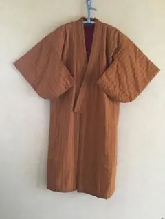 〈昭和レトロ〉女性用　広袖どてら　オレンジ系ストライプ　腰紐付き