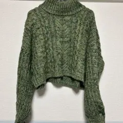 【美品】クロップドケーブルニット グリーンFサイズ