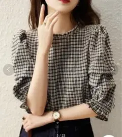 【美品】emi+ プチハイネックギンガムチェックブラウス