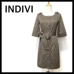 【美品】INDIVI 膝丈 ワンピース ノーカラー ジャケット グレージュ M