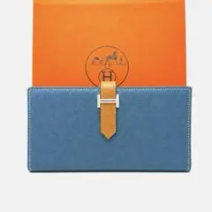 【美品】HERMES ベアン 三つ折りデュプリブルージーン×キャメルシルバー金具のサムネイル