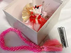 七五三　日本髪　髪飾りセット　鶴つるツル　リボンりぼん　ちんころ　扇花つまみ細工