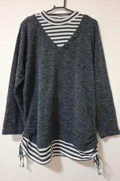 裾リボンレイヤードカットソー LL チャコールグレー 重ね着風チュニック