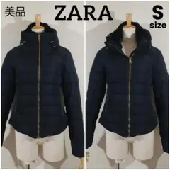 ZARA　ダウンジャケット　ウエストシェイプ　内襟ファー　黒　金　海外S　極美品