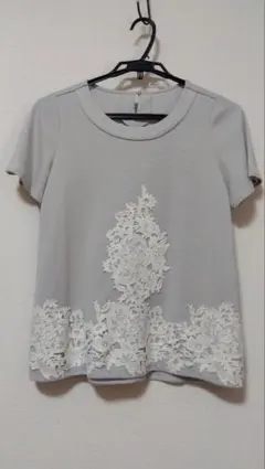 レース装飾　半袖　カットソー　グレー