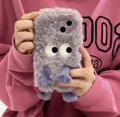iPhoneケース　スマホケース　ふわふわ　ゆるかわ　ぬいぐるみ　おめめ韓国　紫