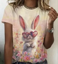 ハートサングラスのうさぎプリント 半袖Tシャツ パステルカラー