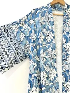 ロングカーディガン ボヘミアン ブルー ホワイト 花柄 総柄 エスニック★新品★