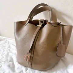 ノーブランド キューブバッグ グレージュ 本革 Togo ハンドバッグ 18cm 