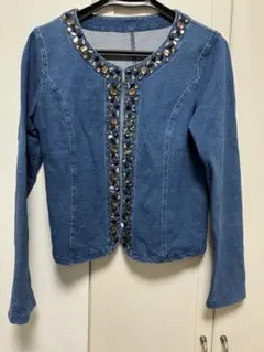 デニムジャケット ビジュー装飾 ノーカラー　Mサイズ