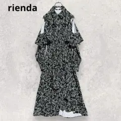 リエンダ 花柄ロングワンピース S 黒 ウエストゴム 長袖 裏地あり Aライン