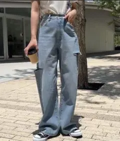 ライトブルーダメージデニムパンツ L