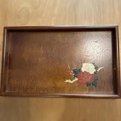 木製 お盆 トレー 長手盆 花柄　牡丹　梅　漆器　和風 昭和レトロ