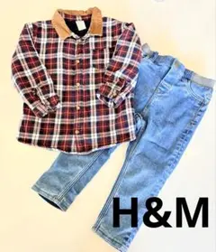 【美品】H&M デニム風パンツ＆チェックシャツ 上下セット （92cm）