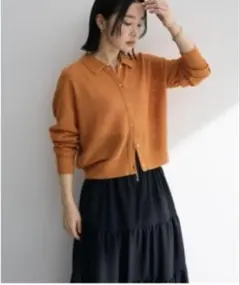リブ編み 襟付きカーディガン オレンジのサムネイル