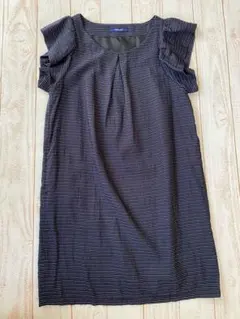 ユナイテッドアローズ　ストライプ フリル半袖チュニック　ネイビー　紺