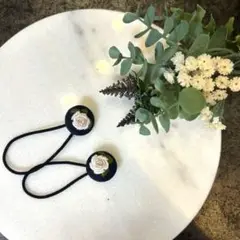 バラ刺繍ヘアゴム２個(白ピンク)