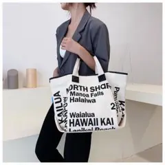 ロゴプリントキャンバストートバッグ ハワイアンデザイン 白黒 A4収納可