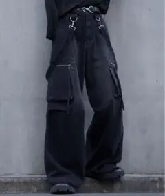 LILL ルーズシルエットハイウエストサスペンダーZIP デニムカーゴパンツ