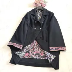 【美品】レオナール ウールコート 総柄 花柄 ペイズリー カシミヤ混 黒 L 極美品 LEONARD レオナール カシミヤ混 ロングコート ペイズリー 花柄