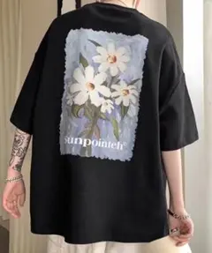 激安タグ付き【ノウル】花柄 グラフィック フラワープリントT 半袖　黒　男女兼用