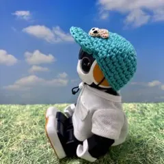ロボホン　手編みキャップ　くまちゃん　ゴム紐付き　ターコイズグリーン