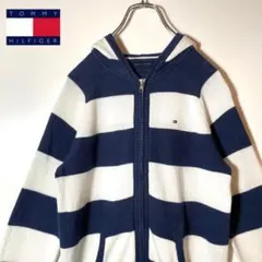 【アメリカ古着❗️】トミー　青白太ボーダー　ニットフルジップパーカー高品質超美品