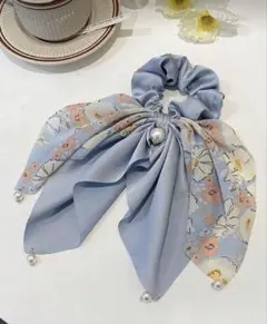 スカーフシュシュ パールフローラル エレガント ブルー 上品 ヘアアクセサリー