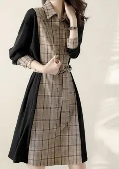 ひざ丈ワンピース チェック柄 黒M