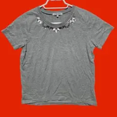 グローバルワーク　首元ビーズ付き半袖Tシャツ　シンプルおしゃれ　グレー　S
