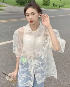 SHEIN シースルー刺繍シャツ 花柄 夏服
