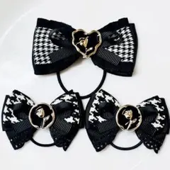 限定1セット♥️キッズリボンヘアゴムセット ブラック×千鳥柄×ゴールドお花パーツ