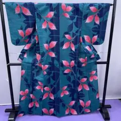 ★4241★ 浴衣 夏着物 ゆかた 濃紺 暗い青緑 ピンクの葉柄