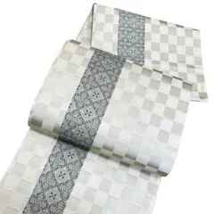 美品] 絽 洗える 夏帯 名古屋帯 白 灰色 縞 開き仕立て 小紋 無地 浴衣 