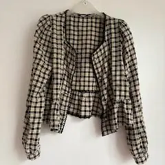 チェック柄フリル付き長袖カーディガン